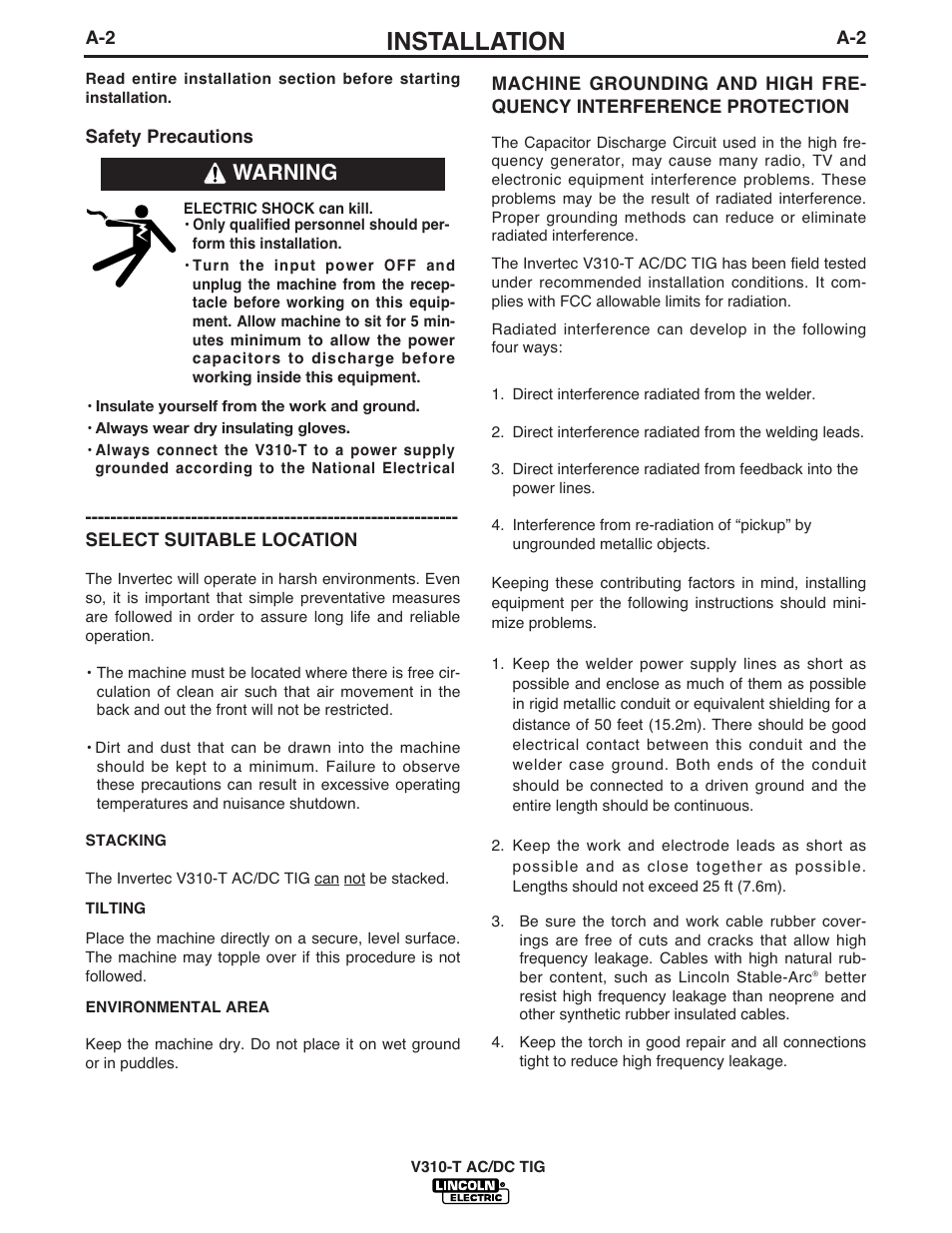 Installation, Warning | Lincoln Electric INVERTEC IM958 User Manual | Page 11 / 38