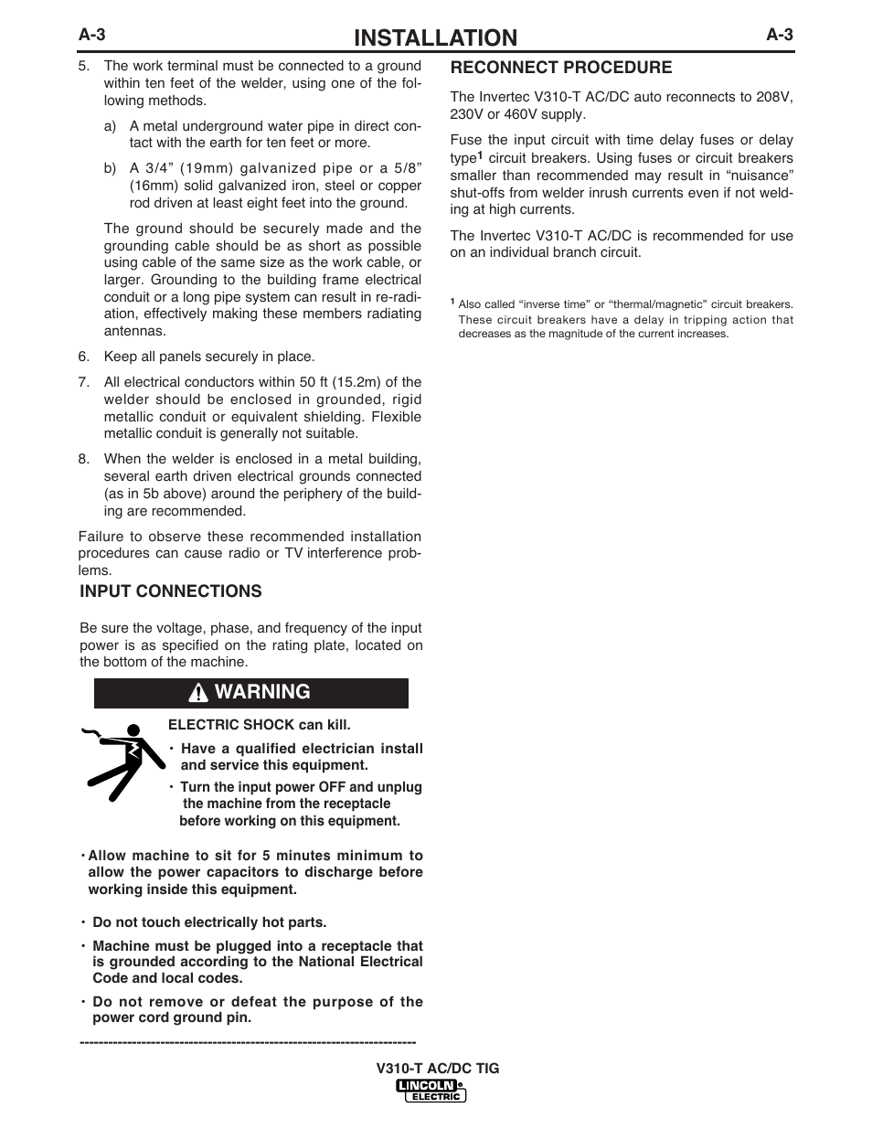 Installation, Warning | Lincoln Electric INVERTEC IM958 User Manual | Page 12 / 38
