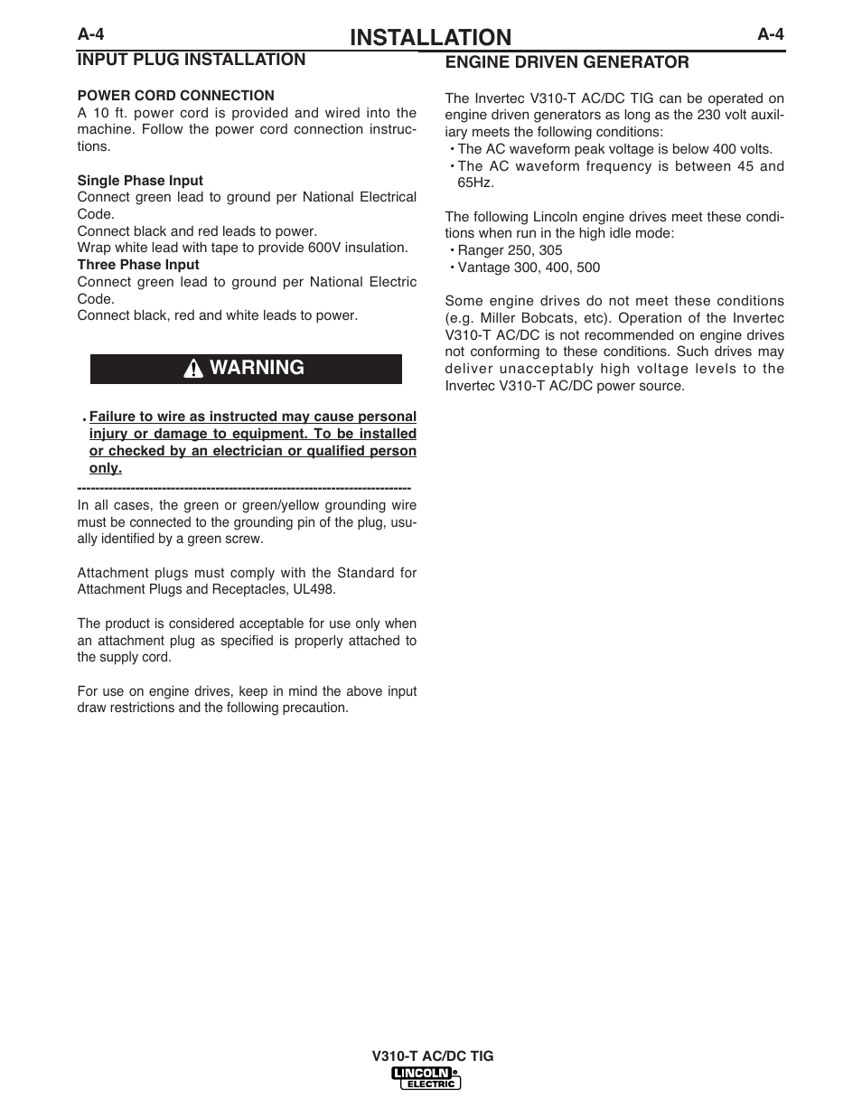 Installation, Warning | Lincoln Electric INVERTEC IM958 User Manual | Page 13 / 38