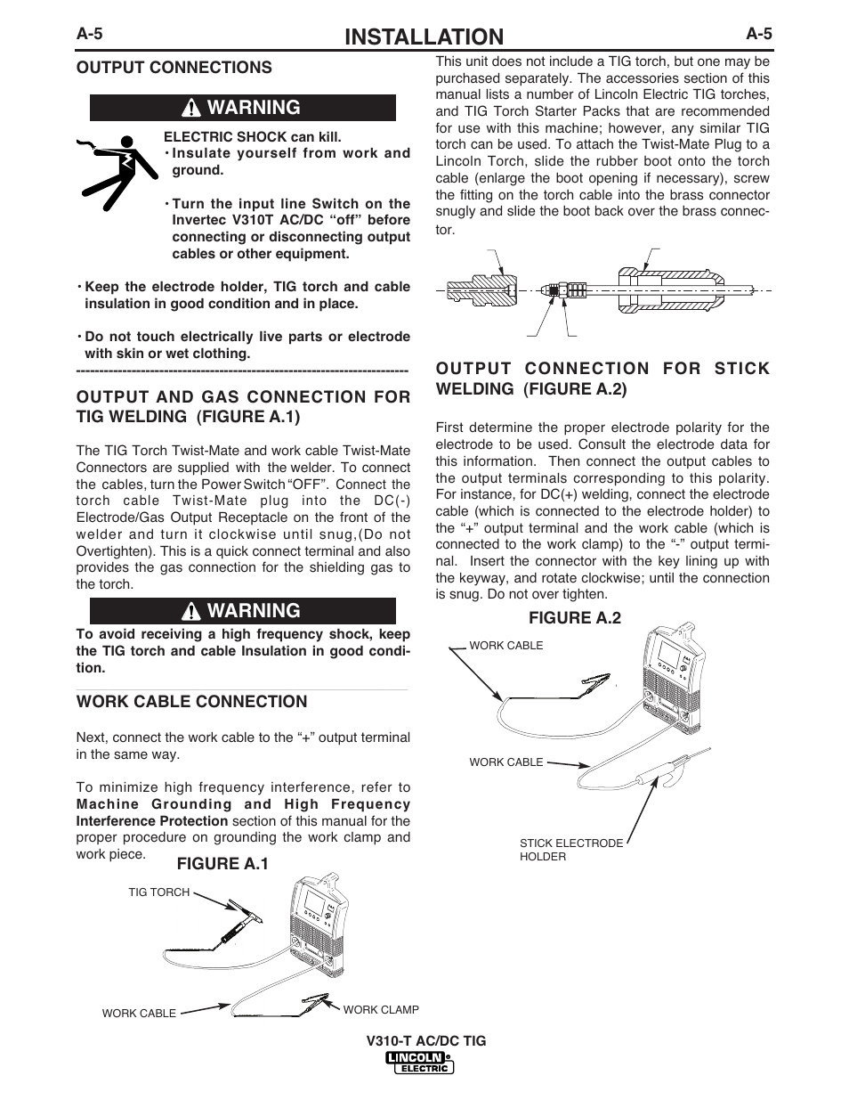 Installation, Warning | Lincoln Electric INVERTEC IM958 User Manual | Page 14 / 38