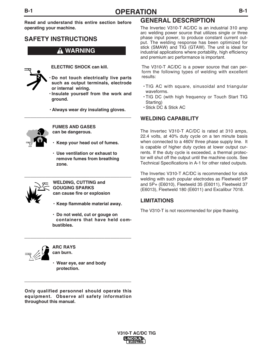 Operation, Safety instructions, General description | Warning | Lincoln Electric INVERTEC IM958 User Manual | Page 16 / 38