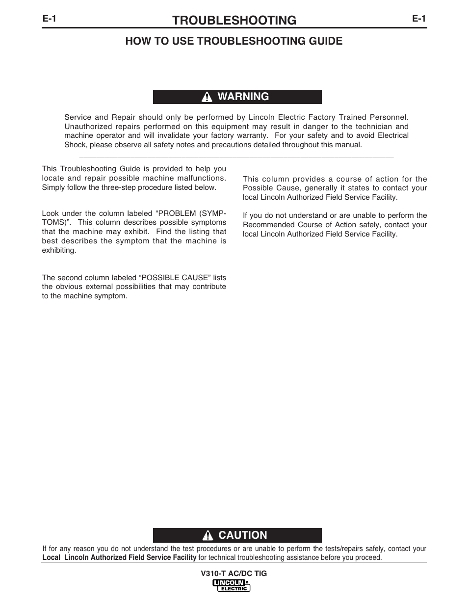 Troubleshooting, How to use troubleshooting guide, Warning | Caution | Lincoln Electric INVERTEC IM958 User Manual | Page 30 / 38