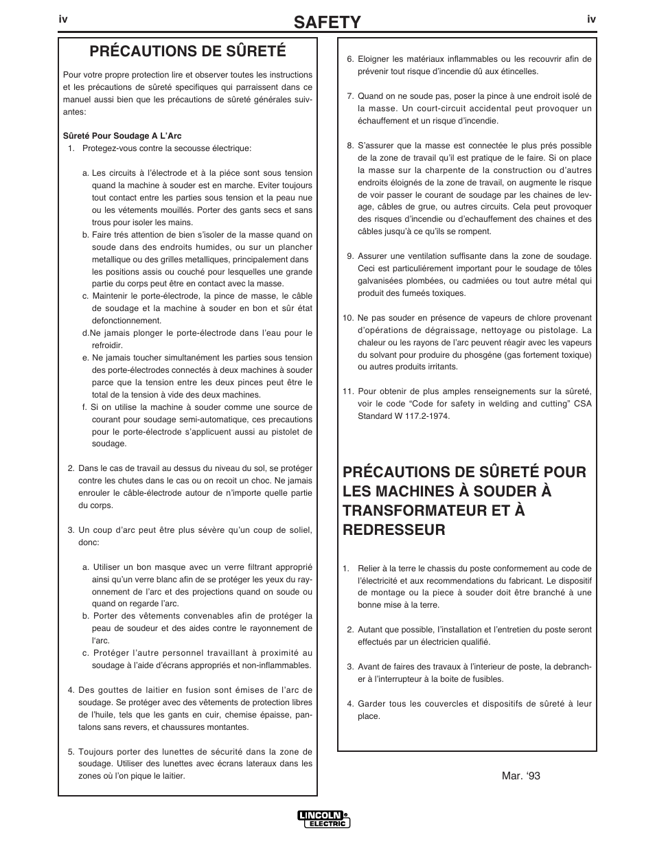 Safety, Précautions de sûreté | Lincoln Electric INVERTEC IM958 User Manual | Page 5 / 38