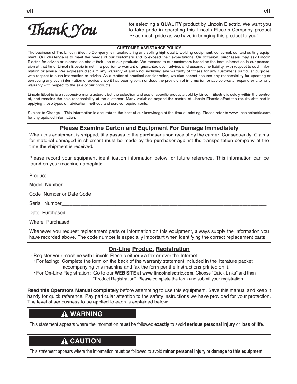 Tthhaannkk y yoouu, Warning, Caution | Lincoln Electric INVERTEC IM958 User Manual | Page 8 / 38