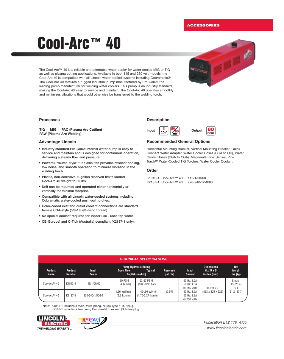 Lincoln Electric Cool-Arc 40 User Manual | 2 pages