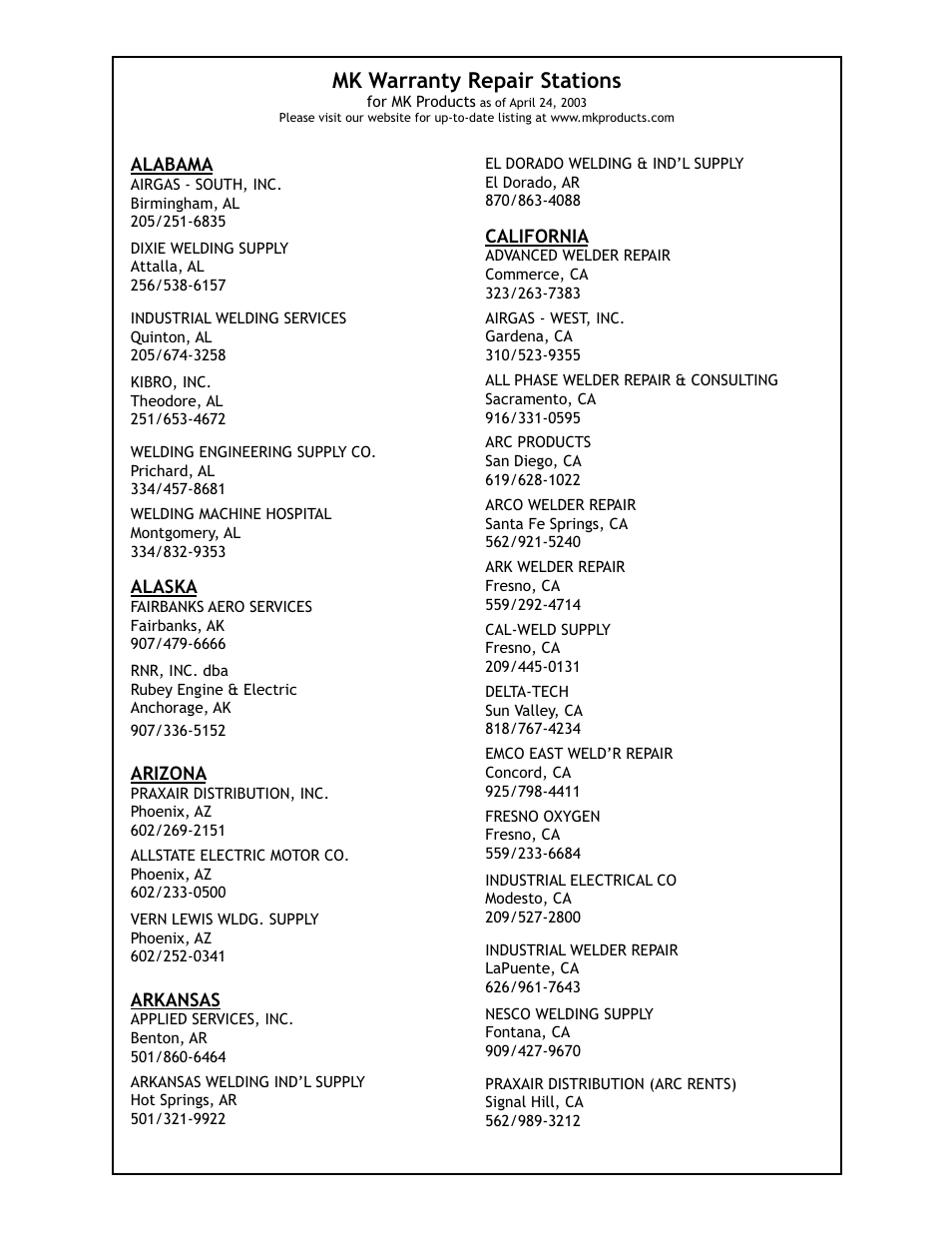 Mk warranty repair stations | Lincoln Electric PRINCE IM818 User Manual | Page 34 / 45