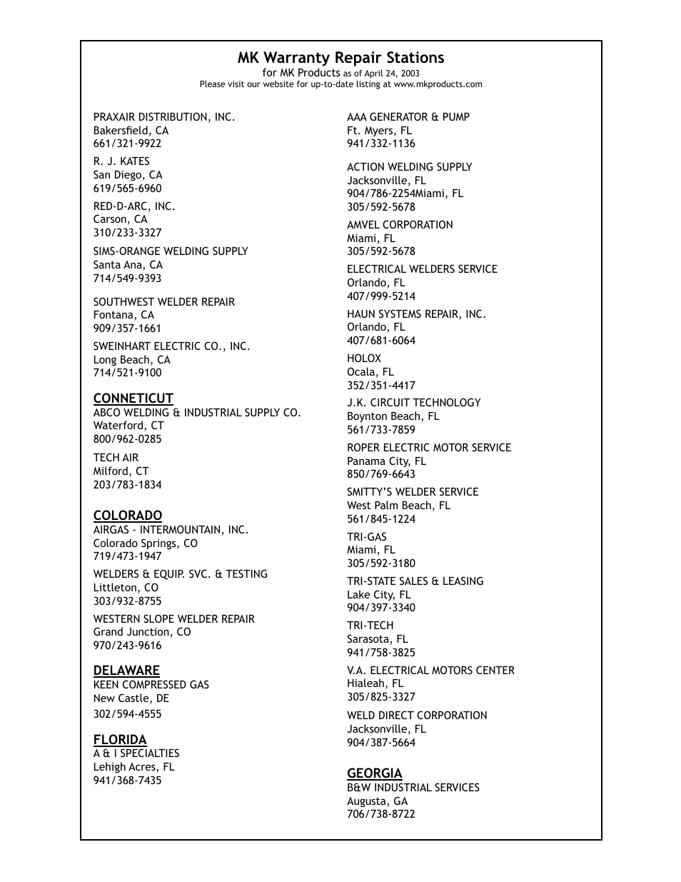 Mk warranty repair stations | Lincoln Electric PRINCE IM818 User Manual | Page 35 / 45