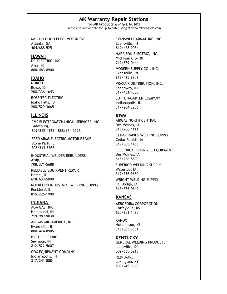 Mk warranty repair stations | Lincoln Electric PRINCE IM818 User Manual | Page 36 / 45