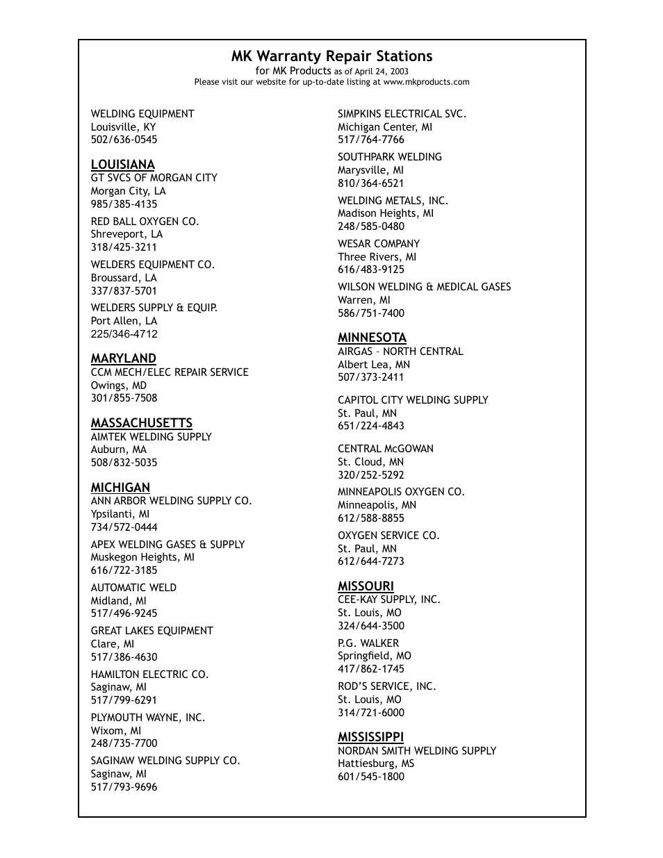 Mk warranty repair stations | Lincoln Electric PRINCE IM818 User Manual | Page 37 / 45