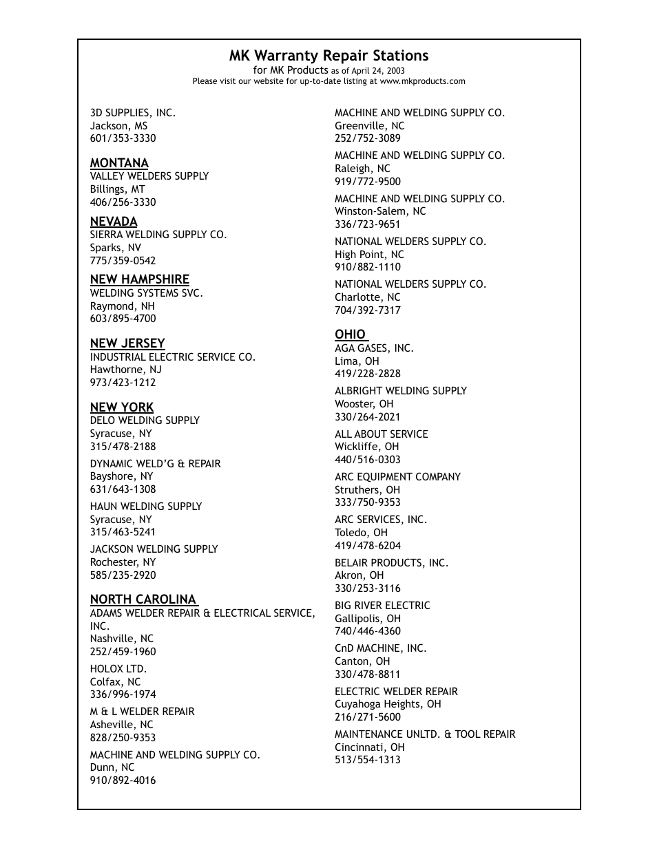 Mk warranty repair stations | Lincoln Electric PRINCE IM818 User Manual | Page 38 / 45