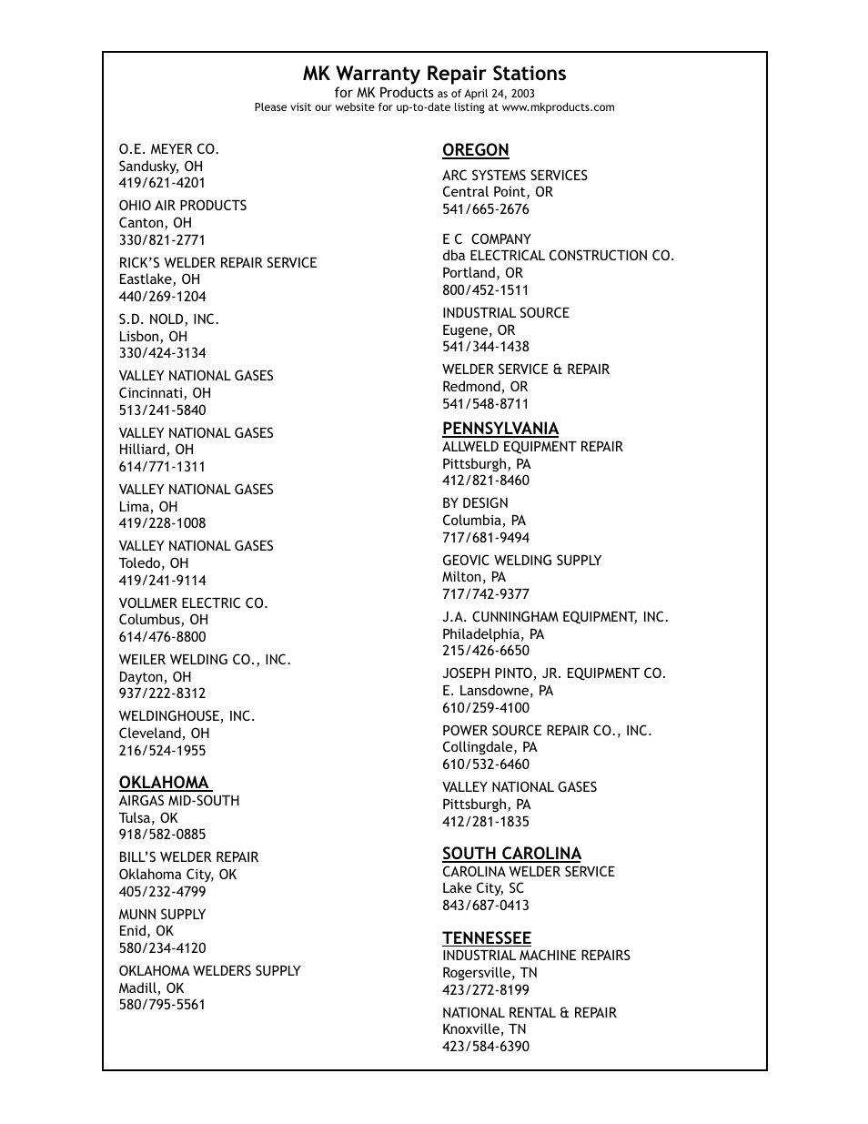 Mk warranty repair stations | Lincoln Electric PRINCE IM818 User Manual | Page 39 / 45