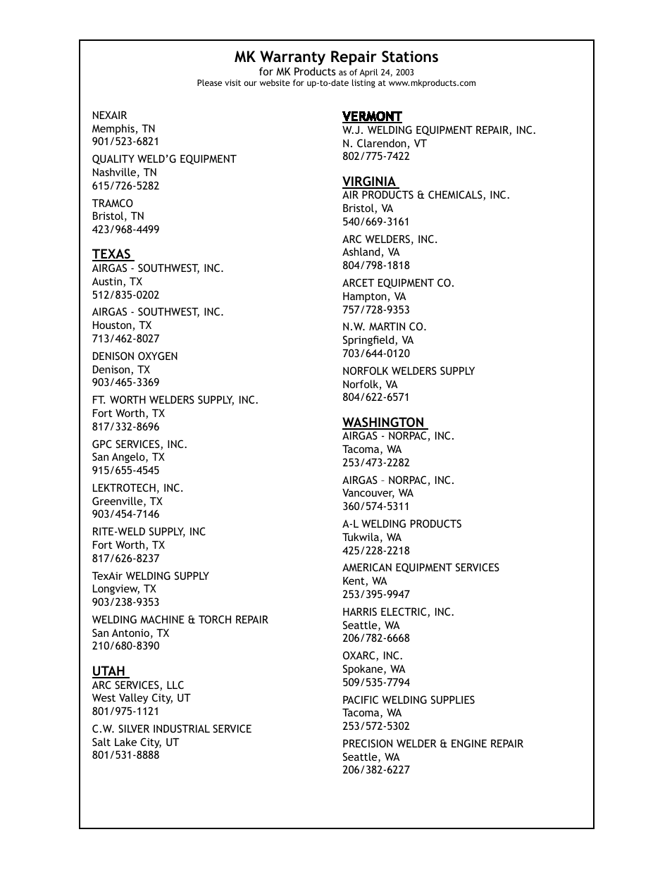 Mk warranty repair stations | Lincoln Electric PRINCE IM818 User Manual | Page 40 / 45