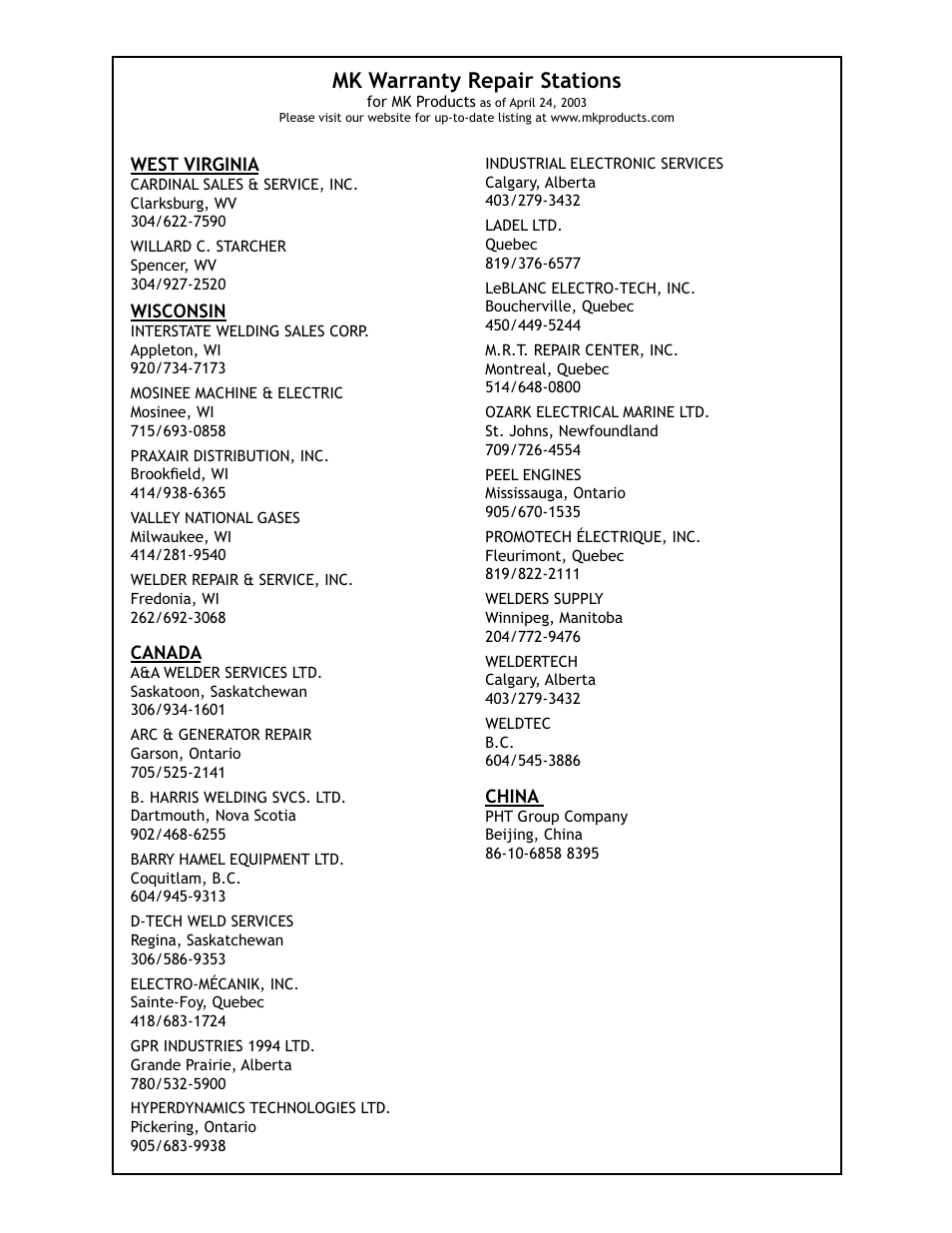 Mk warranty repair stations | Lincoln Electric PRINCE IM818 User Manual | Page 41 / 45