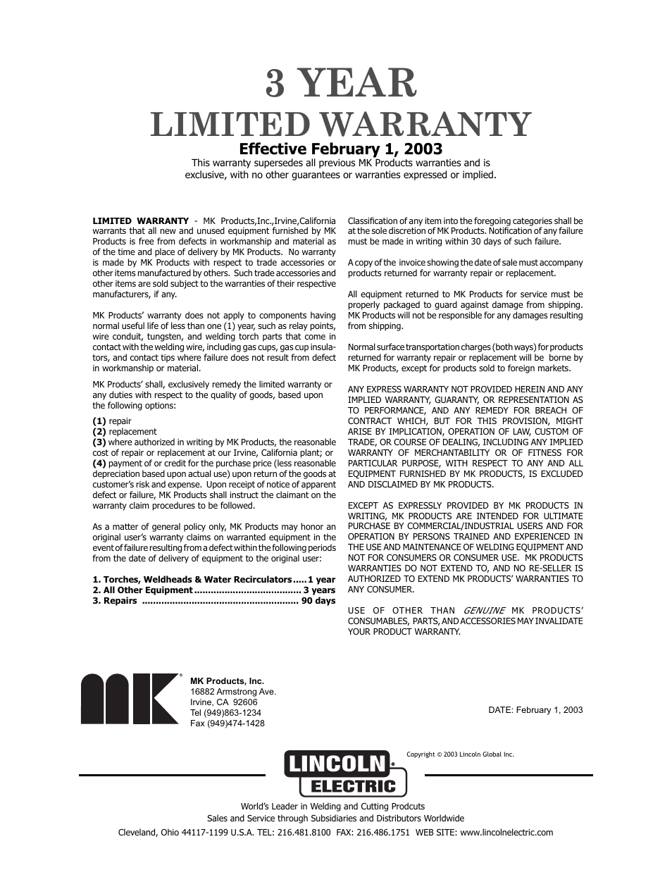 3 year, Limited warranty, Lincoln | Electric | Lincoln Electric PRINCE IM818 User Manual | Page 45 / 45