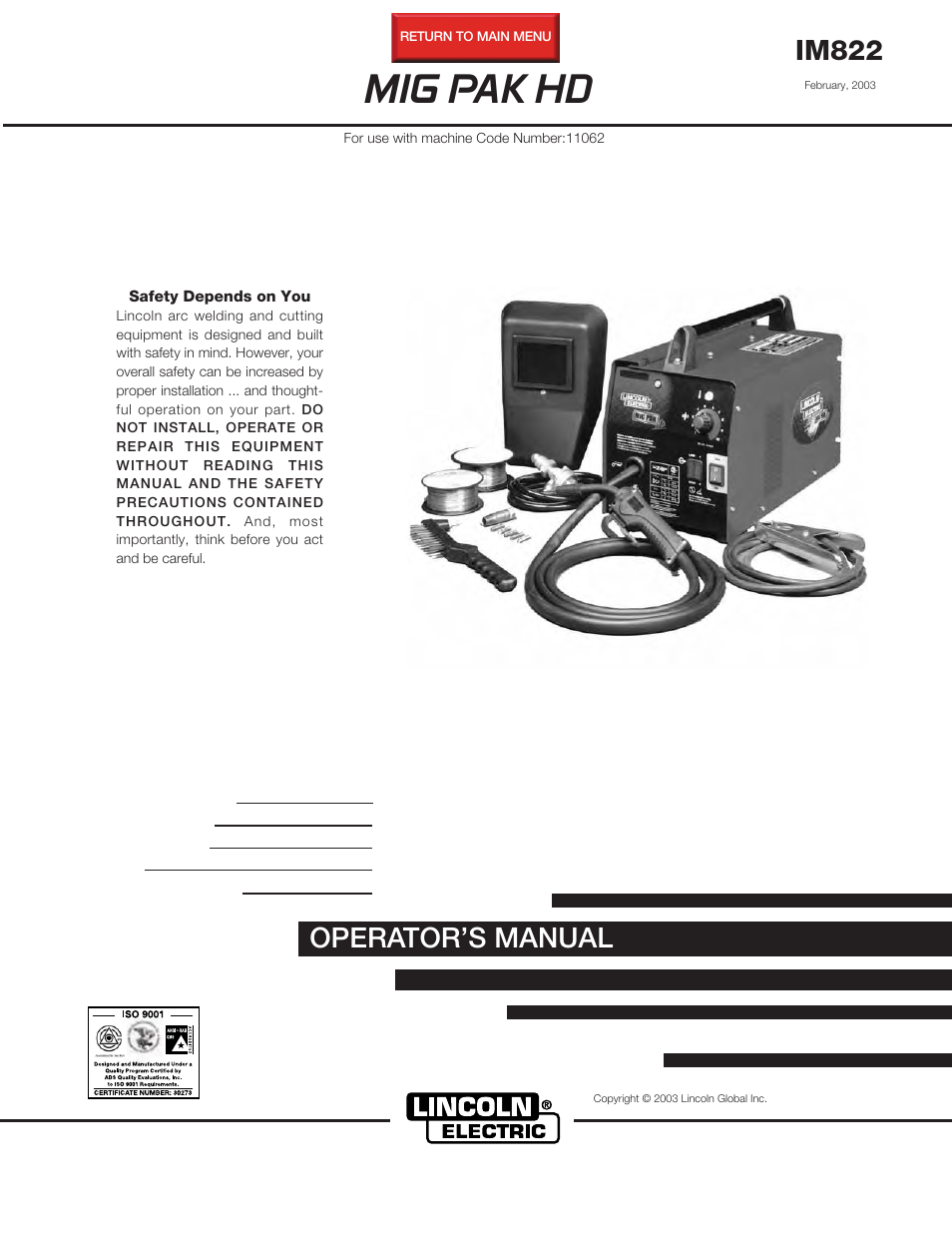 Lincoln Electric MIG PAK HD IM822 User Manual | 39 pages