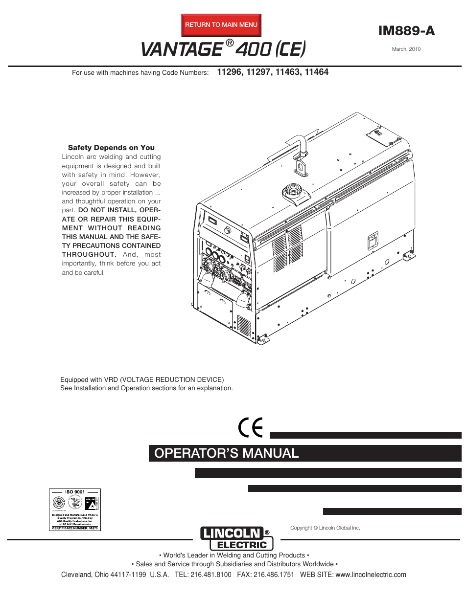 Lincoln Electric VINTAGE 400 (CE) IM889-A User Manual | 49 pages