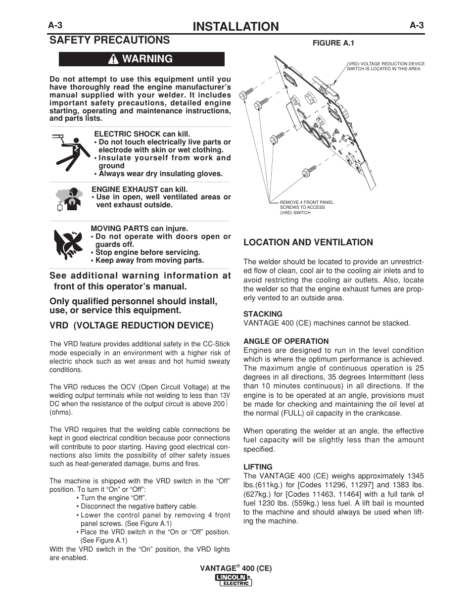 Installation, Safety precautions, Warning | Lincoln Electric VINTAGE 400 (CE) IM889-A User Manual | Page 13 / 49