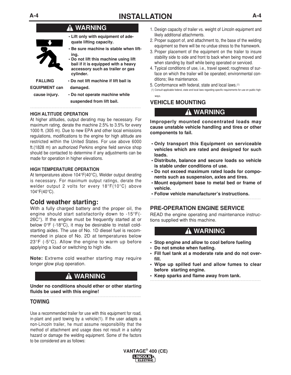 Installation, Cold weather starting, Warning | Lincoln Electric VINTAGE 400 (CE) IM889-A User Manual | Page 14 / 49