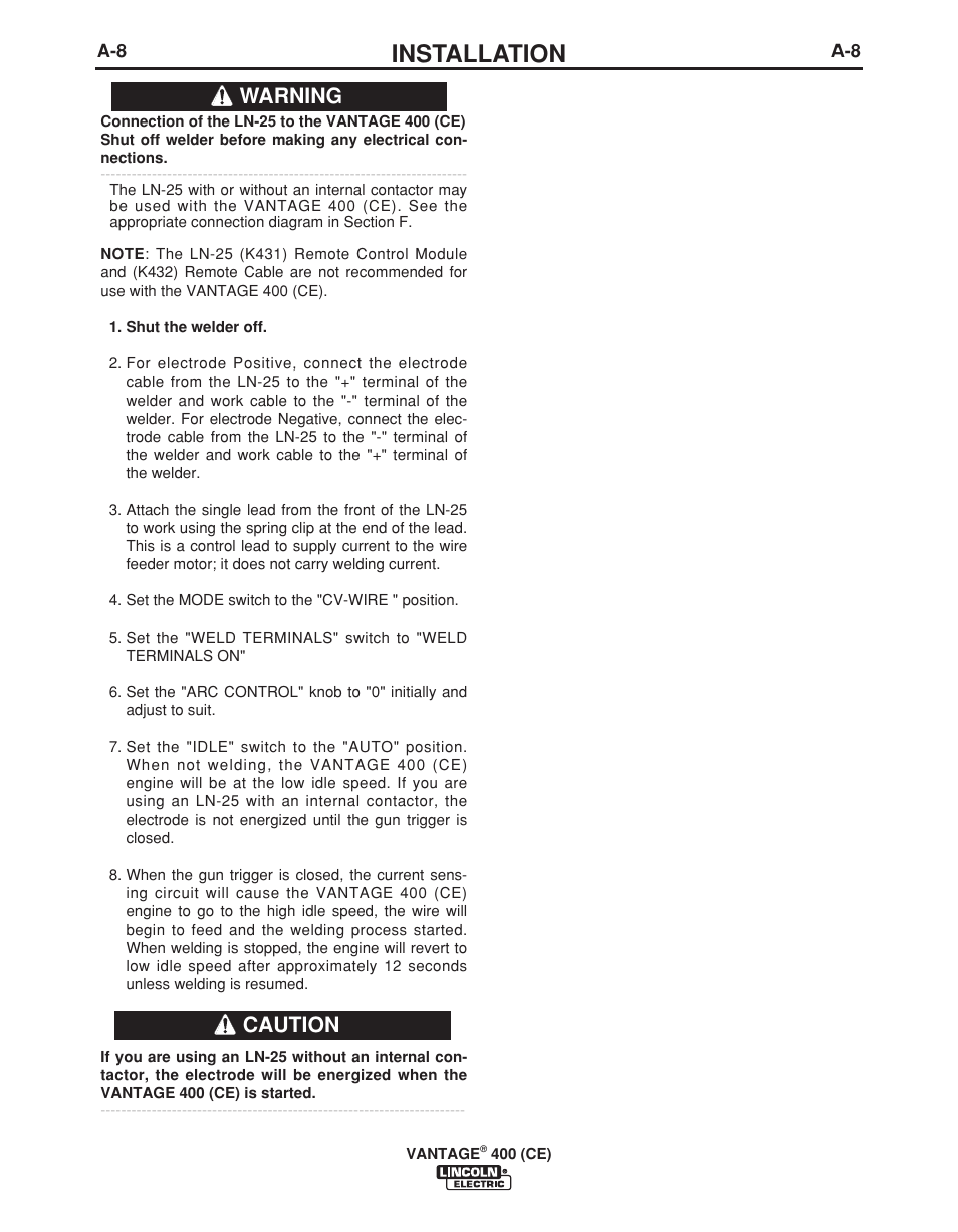 Installation, Warning caution | Lincoln Electric VINTAGE 400 (CE) IM889-A User Manual | Page 18 / 49