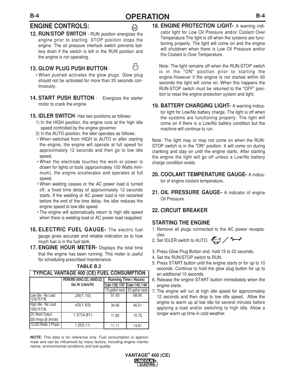 Operation, Engine controls | Lincoln Electric VINTAGE 400 (CE) IM889-A User Manual | Page 22 / 49