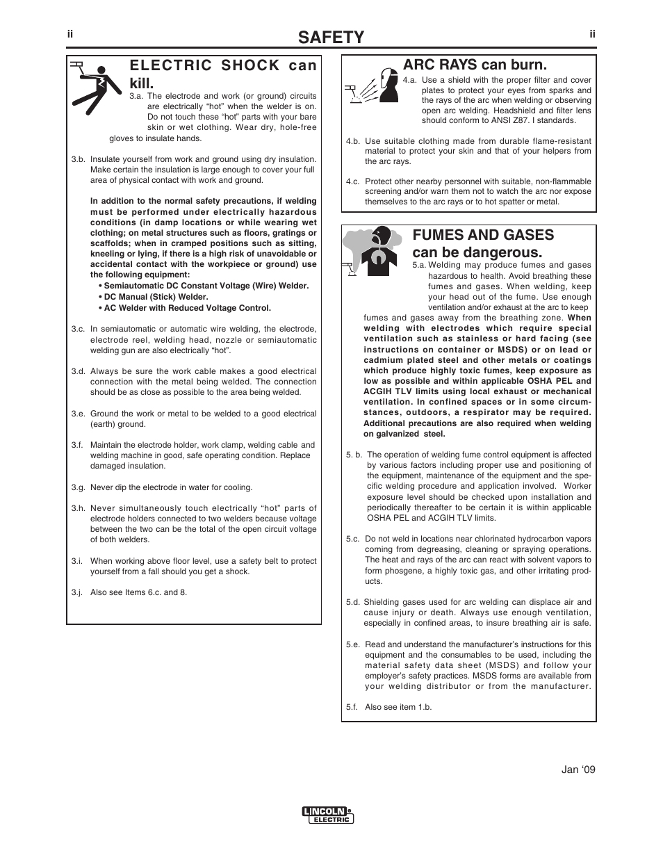 Safety, Arc rays can burn, Electric shock can kill | Fumes and gases can be dangerous | Lincoln Electric VINTAGE 400 (CE) IM889-A User Manual | Page 3 / 49