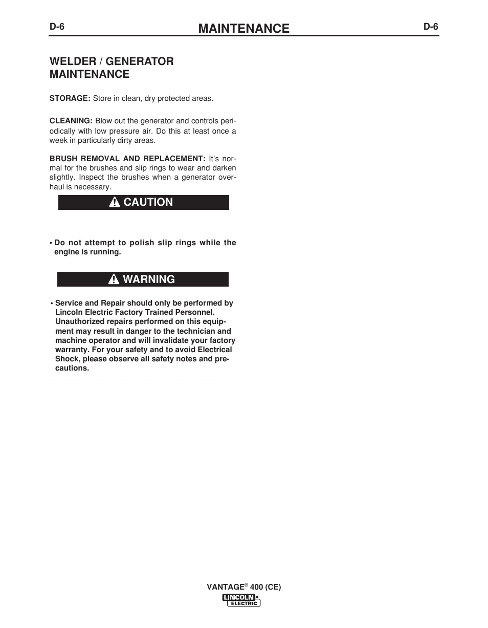 Maintenance, Welder / generator maintenance, Warning | Caution | Lincoln Electric VINTAGE 400 (CE) IM889-A User Manual | Page 32 / 49