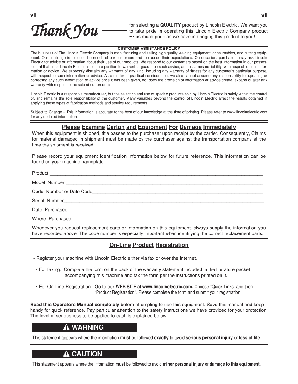 Tthhaannkk y yoouu, Warning, Caution | Lincoln Electric VINTAGE 400 (CE) IM889-A User Manual | Page 8 / 49