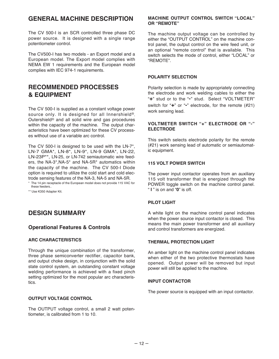 General machine description, Recommended processes & equipment, Design summary | Lincoln Electric IM481-B User Manual | Page 12 / 35