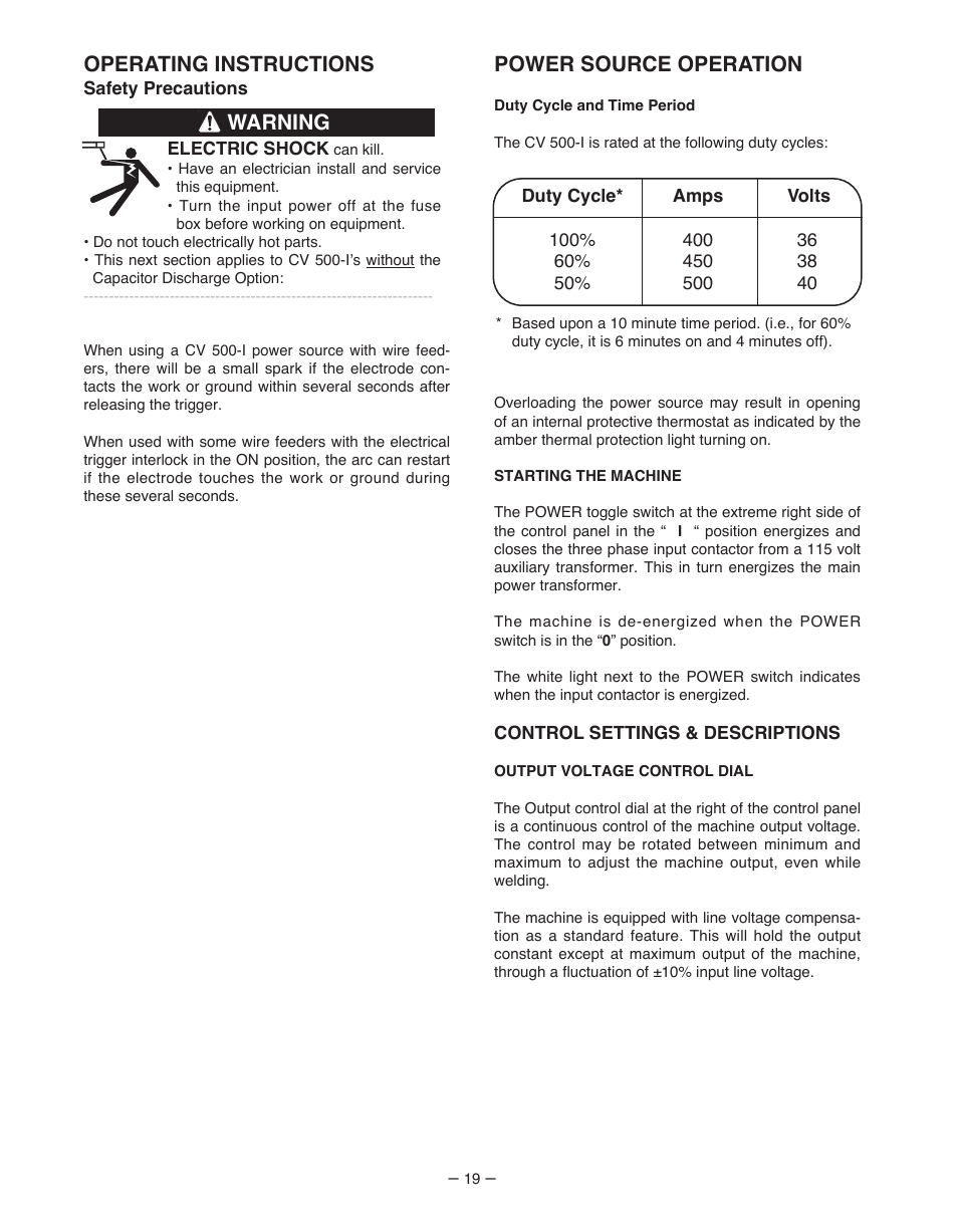 Power source operation, Operating instructions, Warning | Lincoln Electric IM481-B User Manual | Page 19 / 35