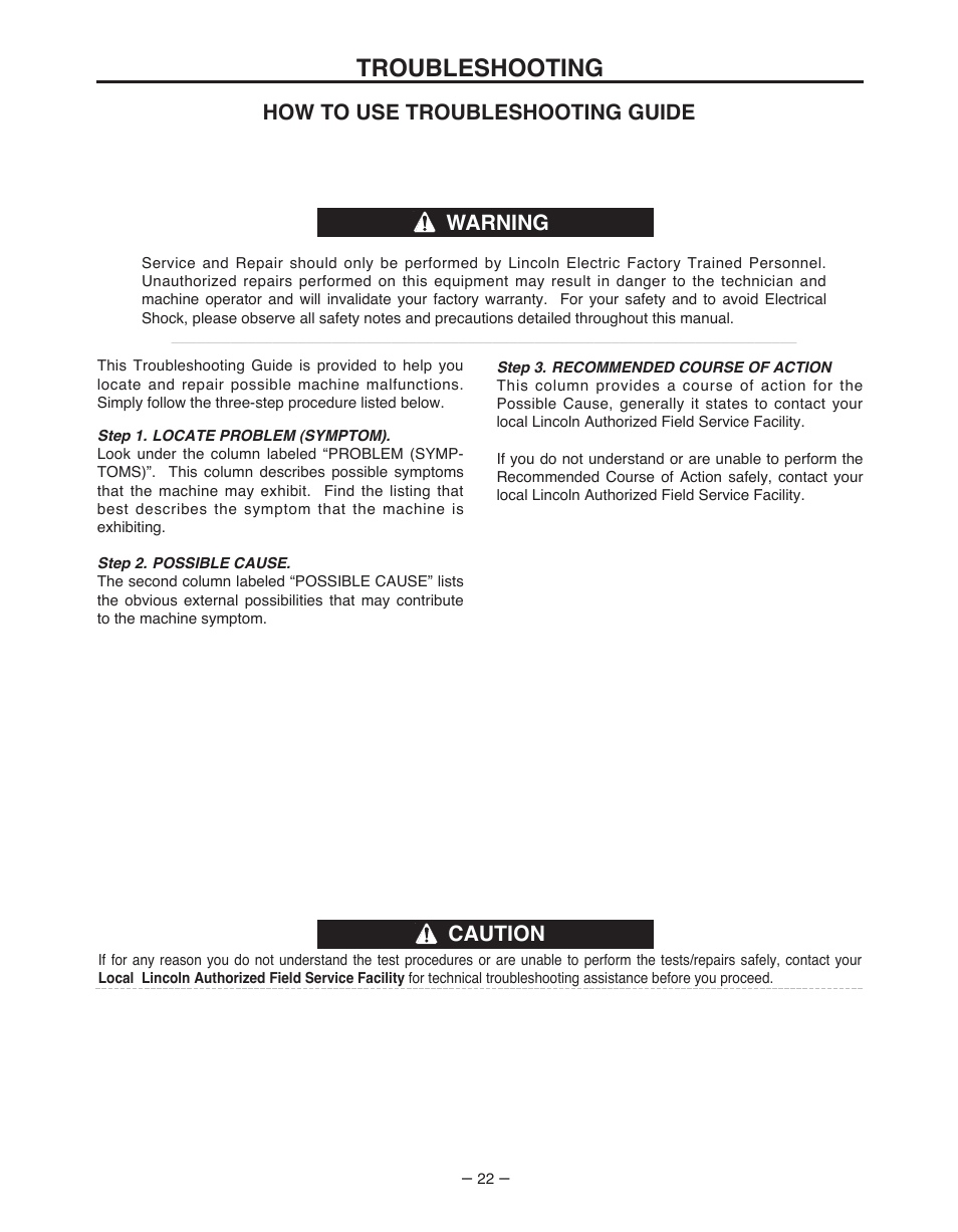 Troubleshooting, Caution, How to use troubleshooting guide | Warning | Lincoln Electric IM481-B User Manual | Page 22 / 35