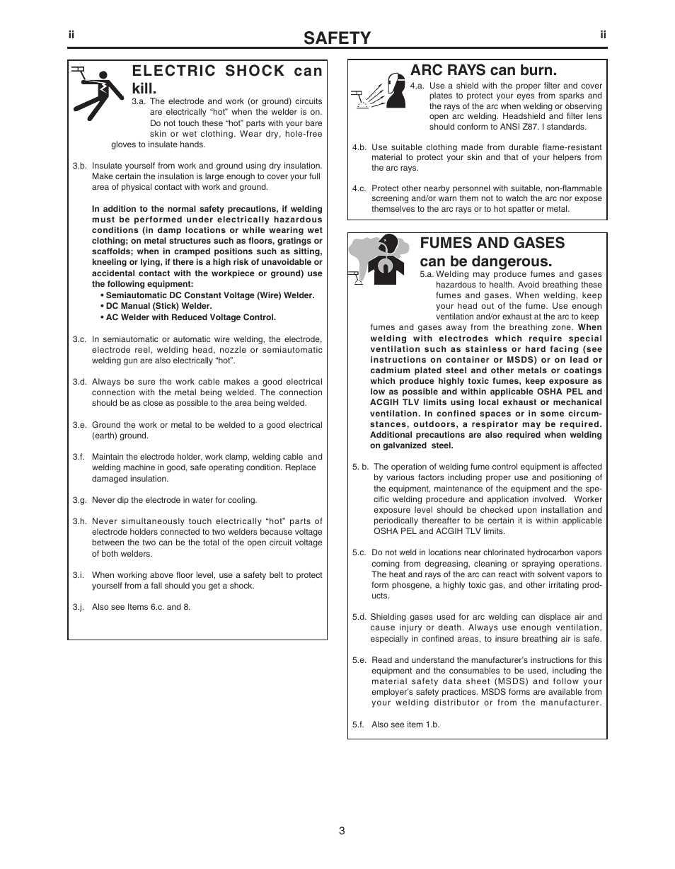 Safety, Arc rays can burn, Electric shock can kill | Fumes and gases can be dangerous | Lincoln Electric IM481-B User Manual | Page 3 / 35