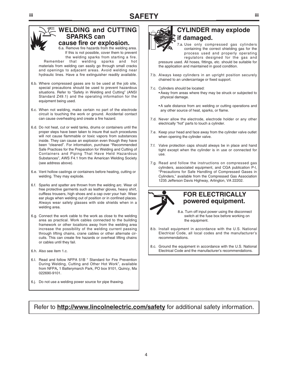 Safety, For electrically powered equipment, Cylinder may explode if damaged | Lincoln Electric IM481-B User Manual | Page 4 / 35