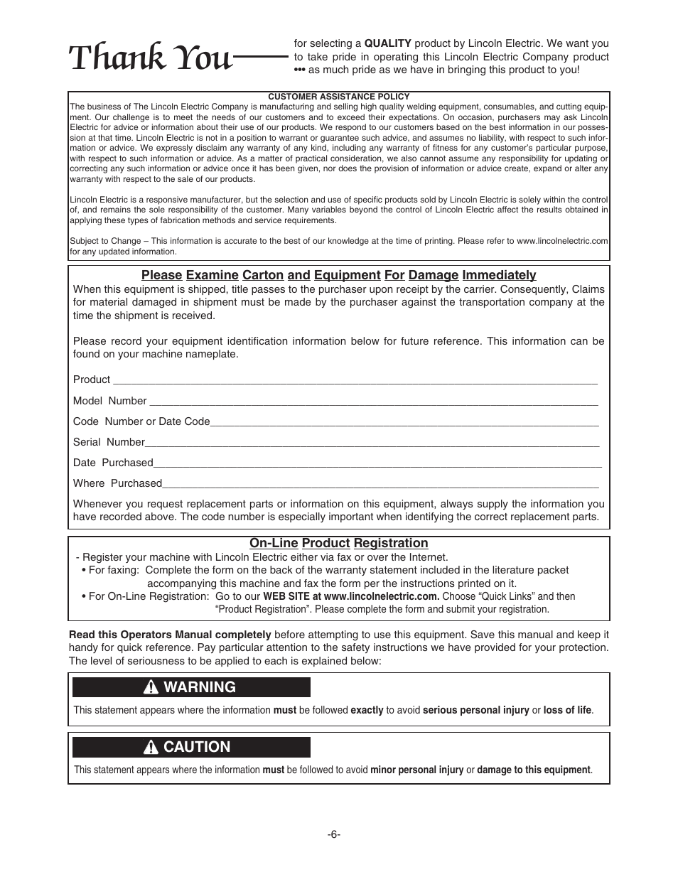 Warning, Caution | Lincoln Electric IM481-B User Manual | Page 6 / 35