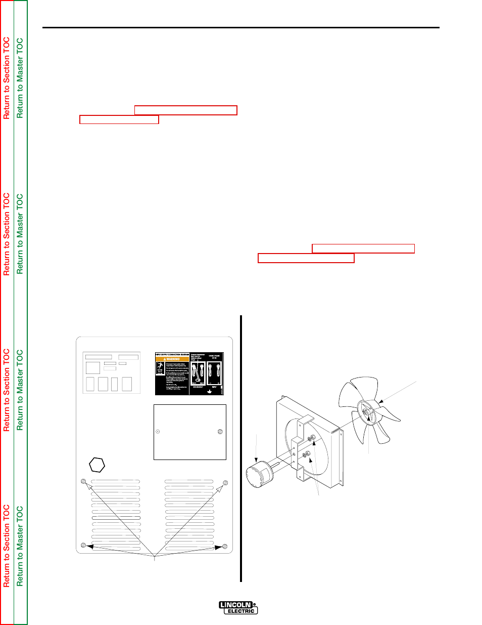 Rear 5/16" bolts, Troubleshooting and repair, Fan blade/motor replacement (continued) | Lincoln Electric POWER MIG SVM157-A User Manual | Page 82 / 91