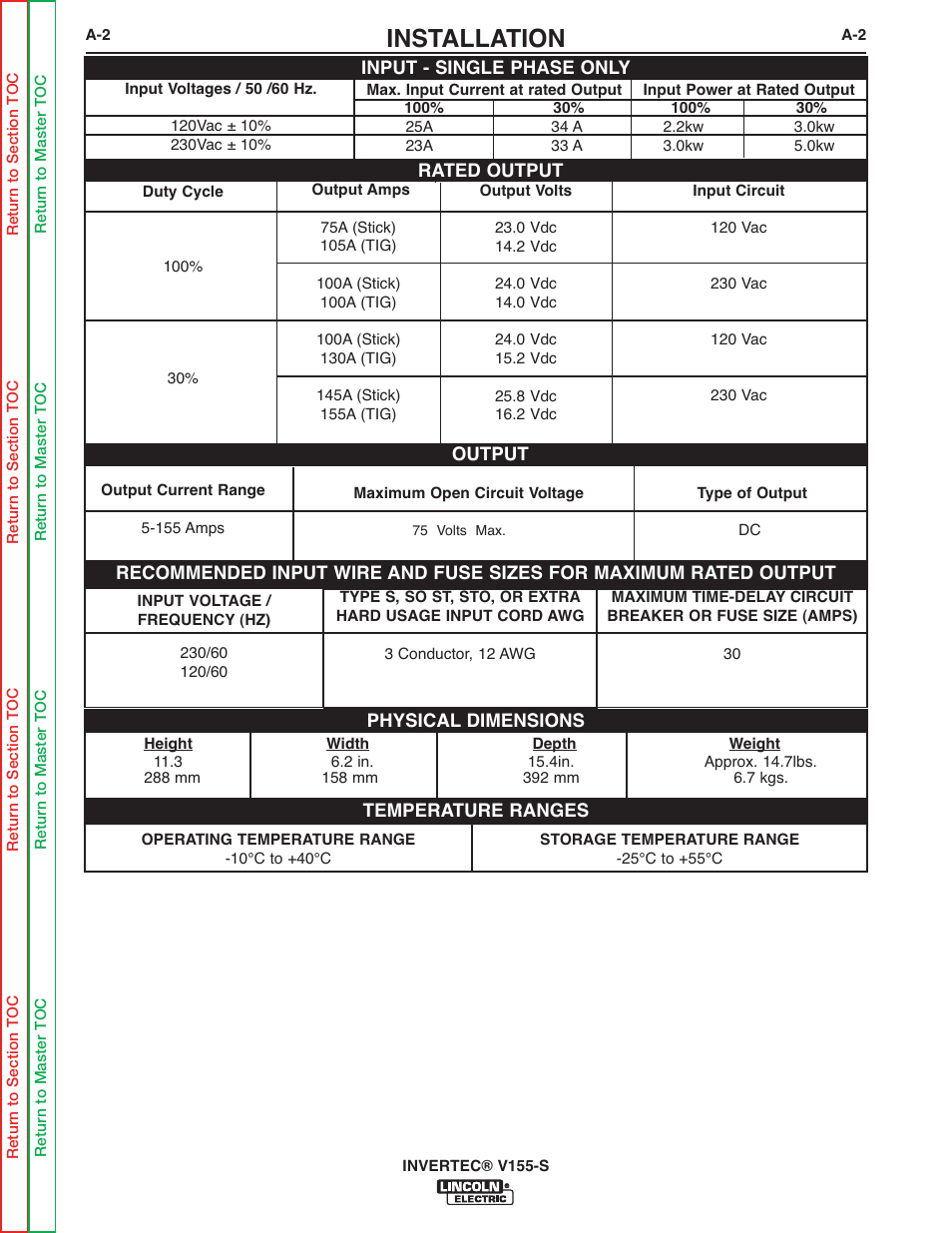 Installation | Lincoln Electric V155-S User Manual | Page 10 / 78