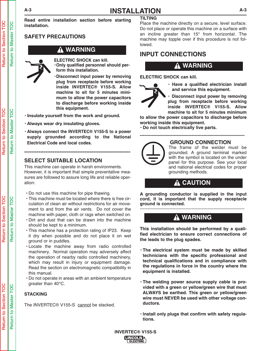 Installation, Input connections, Warning | Warning caution warning | Lincoln Electric V155-S User Manual | Page 11 / 78