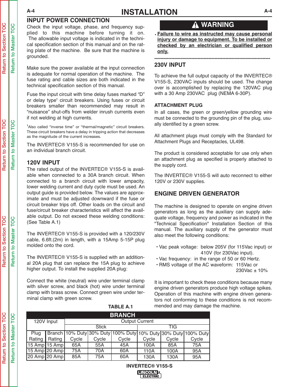 Installation, Warning | Lincoln Electric V155-S User Manual | Page 12 / 78