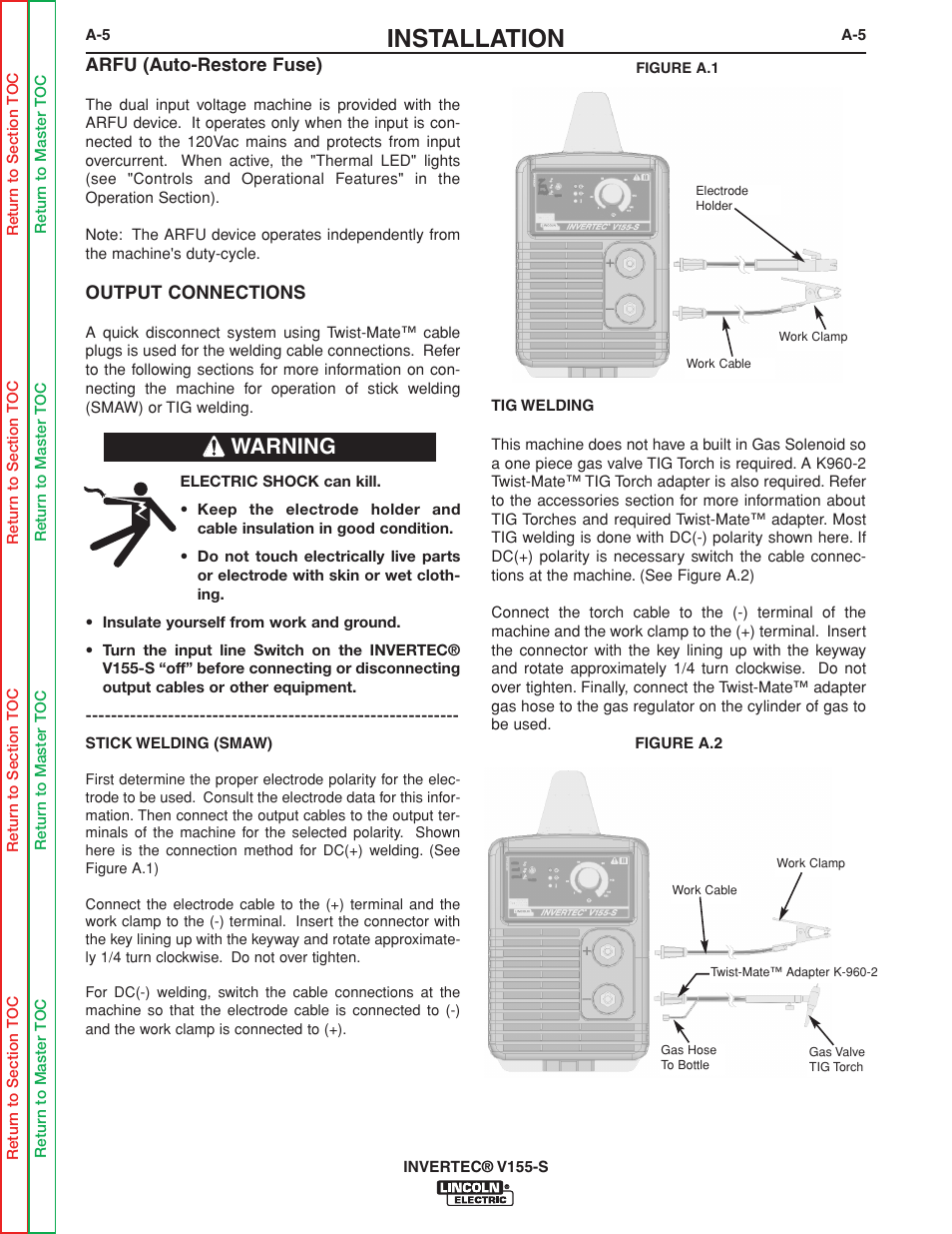 Installation, Warning | Lincoln Electric V155-S User Manual | Page 13 / 78