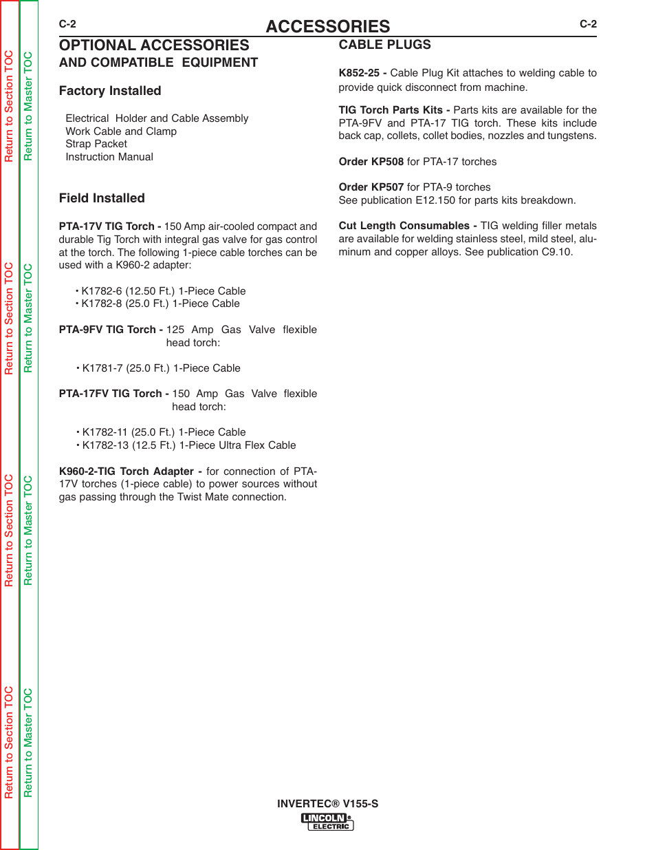 Accessories, Optional accessories | Lincoln Electric V155-S User Manual | Page 20 / 78