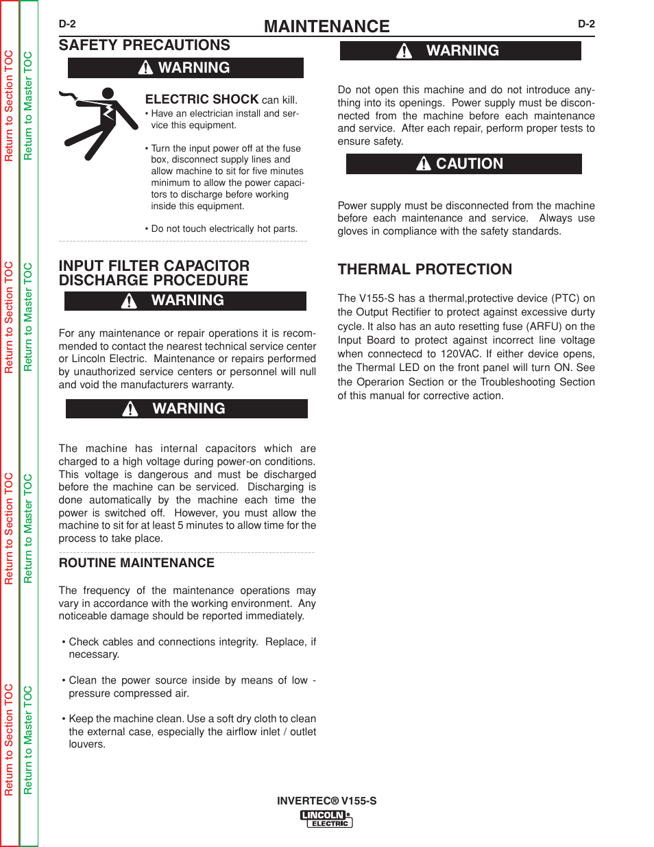 Maintenance, Safety precautions, Input filter capacitor discharge procedure | Thermal protection, Warning, Warning caution warning | Lincoln Electric V155-S User Manual | Page 22 / 78