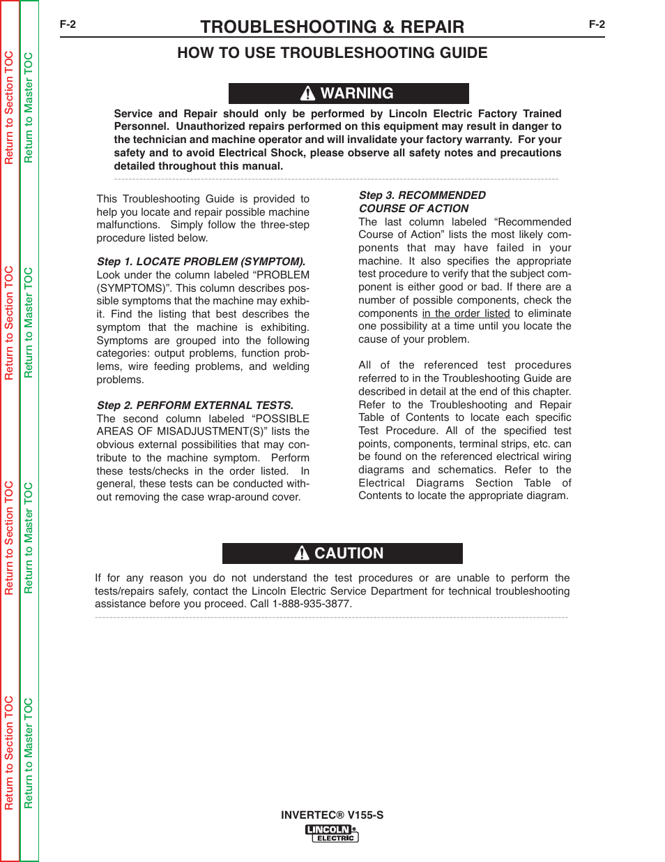 Troubleshooting & repair, How to use troubleshooting guide, Warning caution | Lincoln Electric V155-S User Manual | Page 34 / 78