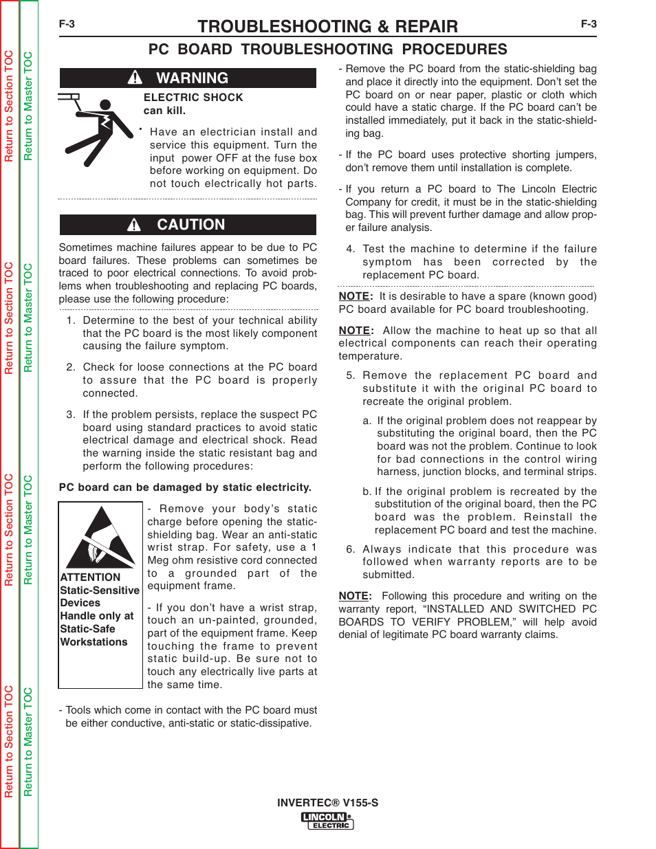 Troubleshooting & repair, Pc board troubleshooting procedures, Warning caution | Lincoln Electric V155-S User Manual | Page 35 / 78