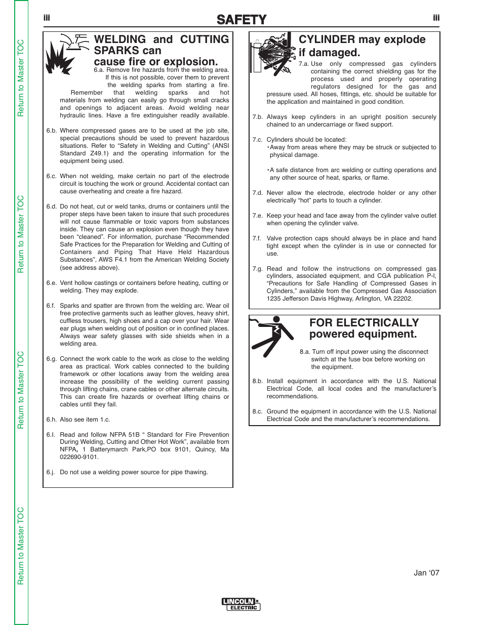 Ssa af fe et ty y, For electrically powered equipment, Cylinder may explode if damaged | Lincoln Electric V155-S User Manual | Page 4 / 78