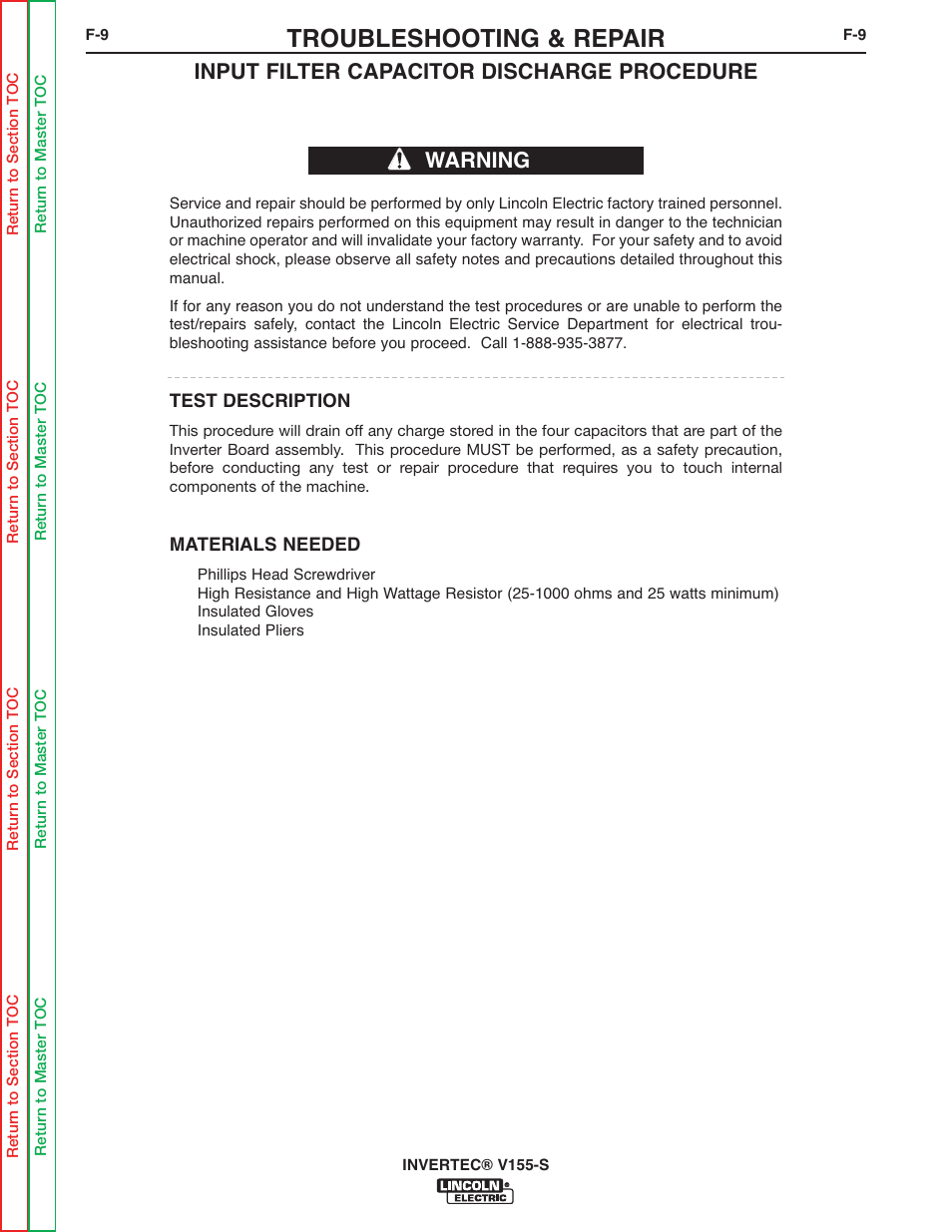 Troubleshooting & repair, Input filter capacitor discharge procedure, Warning | Lincoln Electric V155-S User Manual | Page 41 / 78