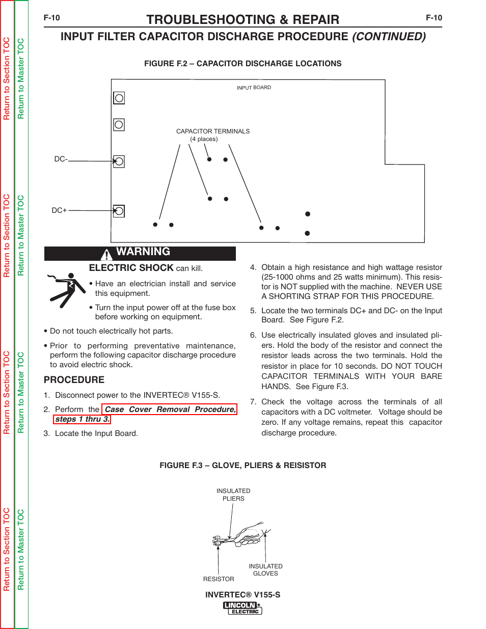 E input capacitor discharge procedure, Steps 3 thru 7, Troubleshooting & repair | Warning | Lincoln Electric V155-S User Manual | Page 42 / 78