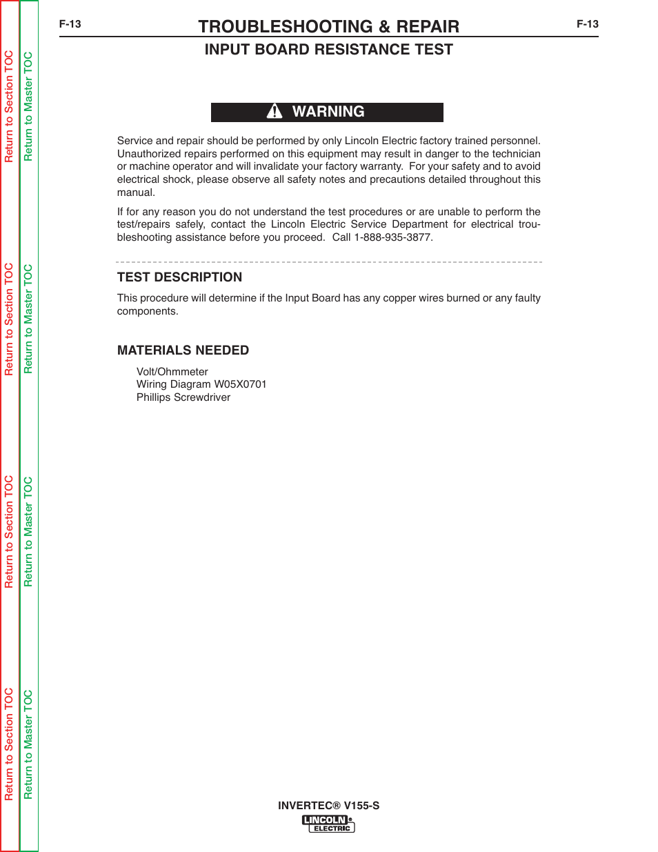 Input board, Resistance test, Resistance | Troubleshooting & repair, Input board resistance test, Warning | Lincoln Electric V155-S User Manual | Page 45 / 78