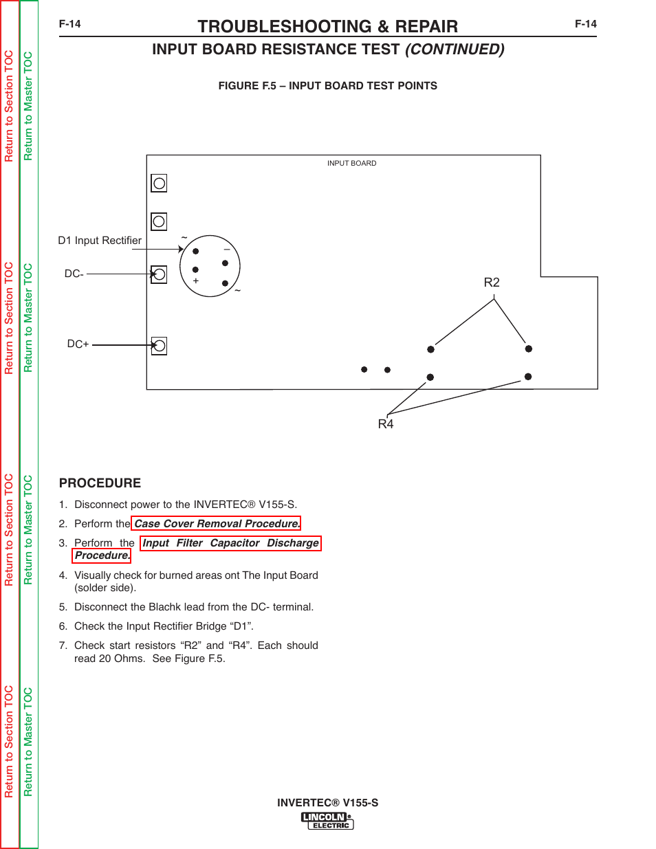 Troubleshooting & repair, Input board resistance test (continued) | Lincoln Electric V155-S User Manual | Page 46 / 78