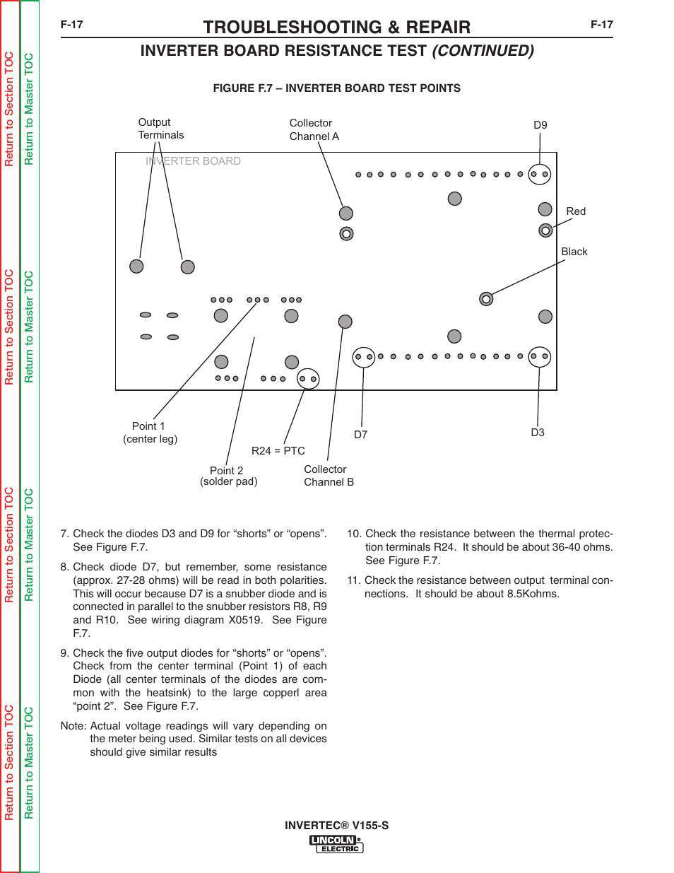 Troubleshooting & repair, Inverter board resistance test (continued) | Lincoln Electric V155-S User Manual | Page 49 / 78