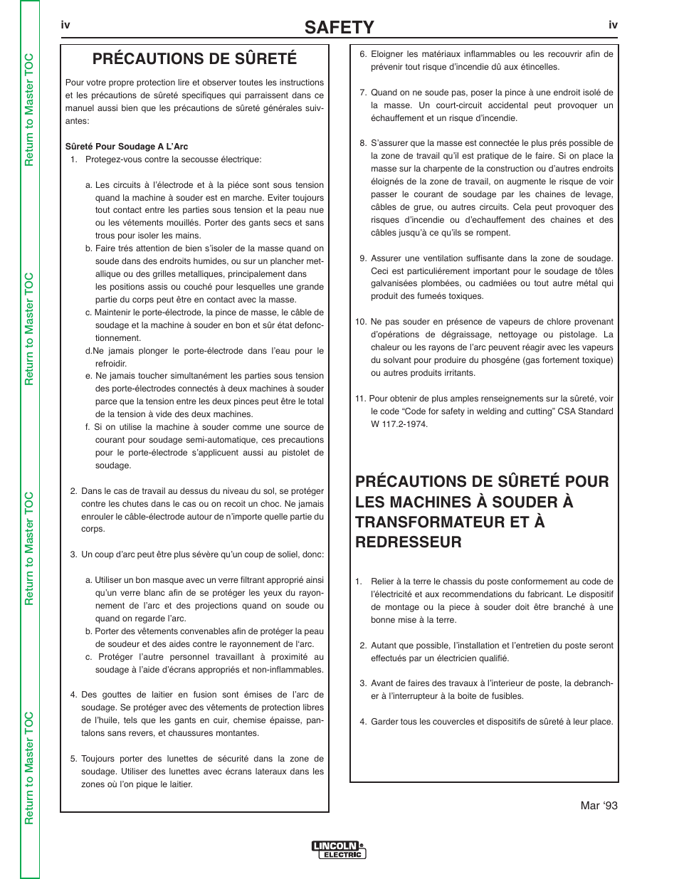 Safety, Précautions de sûreté | Lincoln Electric V155-S User Manual | Page 5 / 78