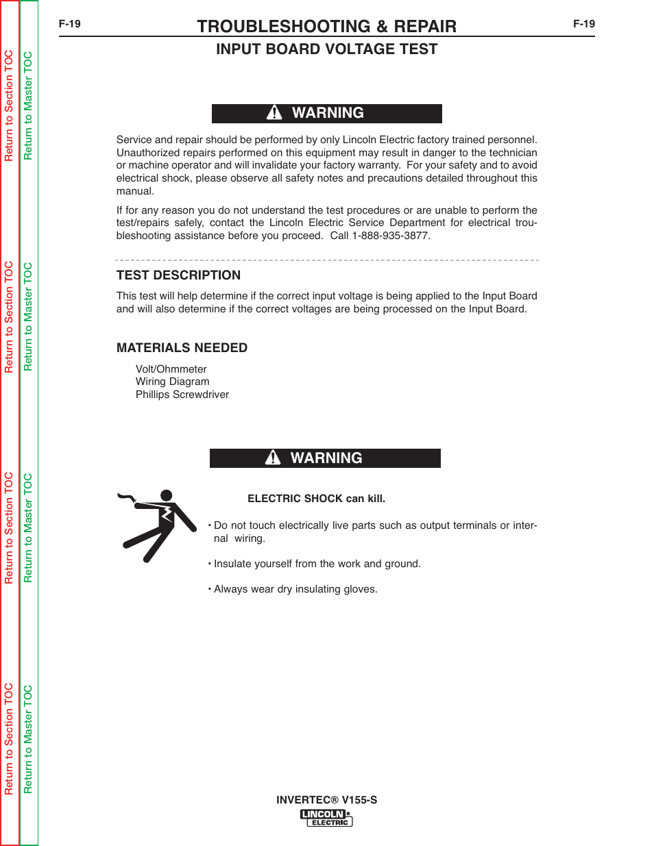 Input board voltage, Test, Input board | Voltage tests, Troubleshooting & repair, Input board voltage test, Warning | Lincoln Electric V155-S User Manual | Page 51 / 78